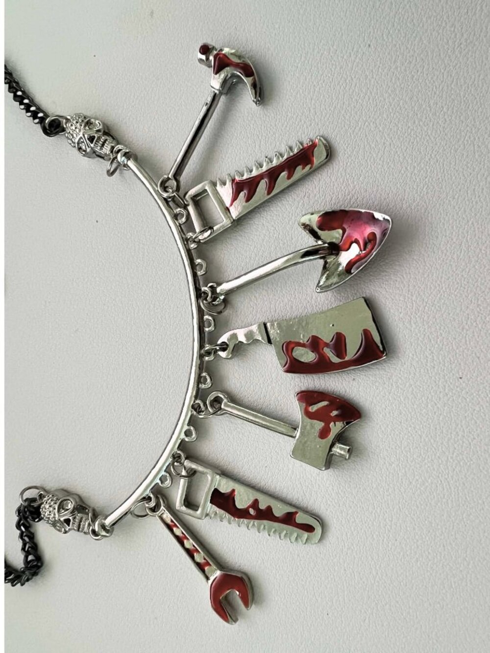 Halloween spooky season bloodsplatter tools skull necklace - Picture 2 of 2